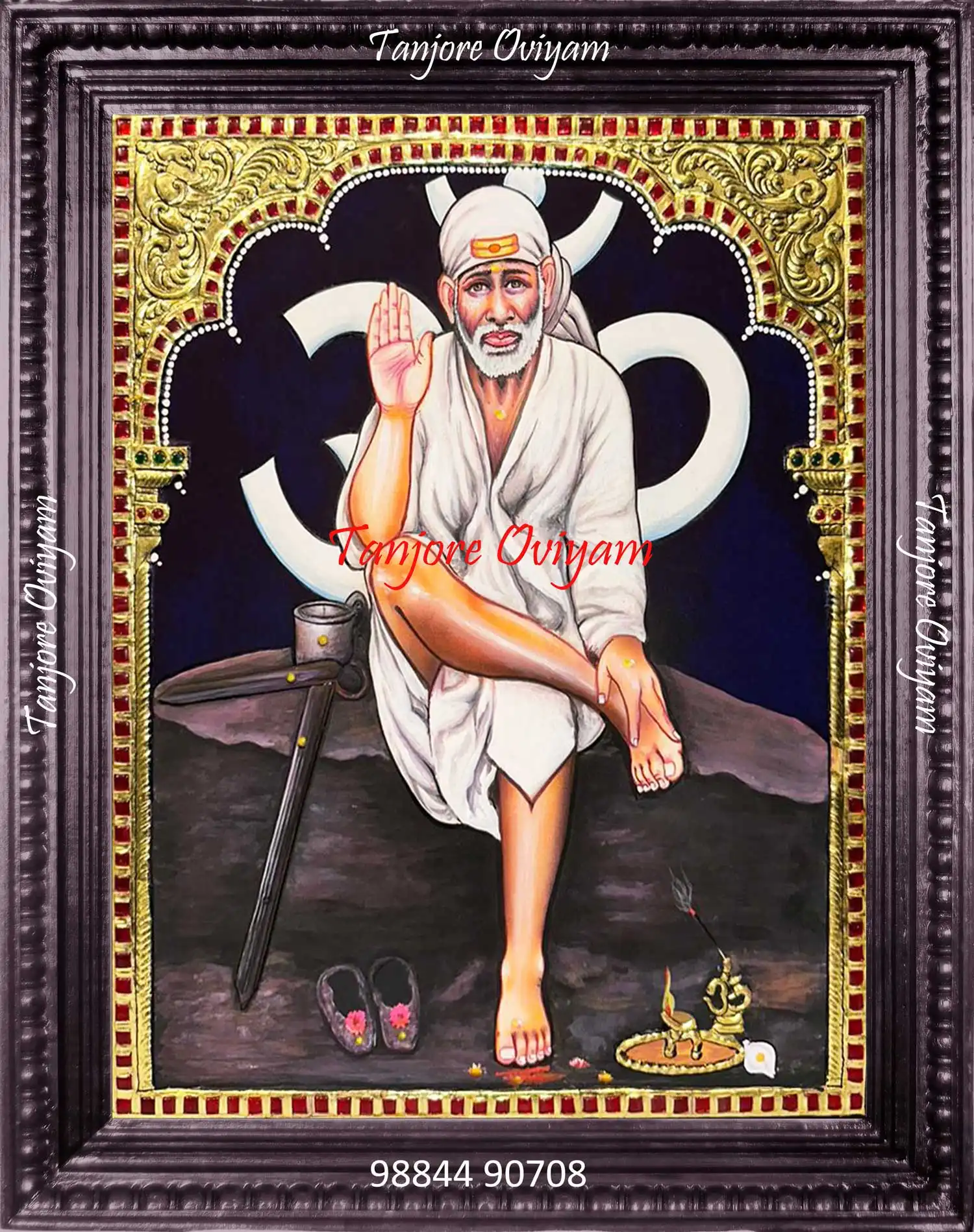 Handcrafted Saibaba Tanjore Painting showing Sai Baba in seated posture with Om symbol and gold foil detailing, ideal for home or temple décor